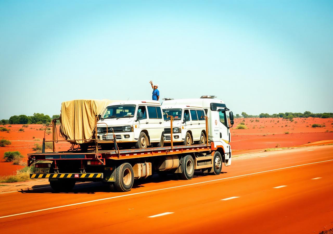 Camião porta-viaturas em estrada de terra vermelha em Moçambique